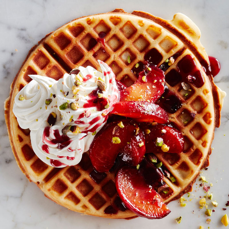 Waffles with Plums and Pistachios