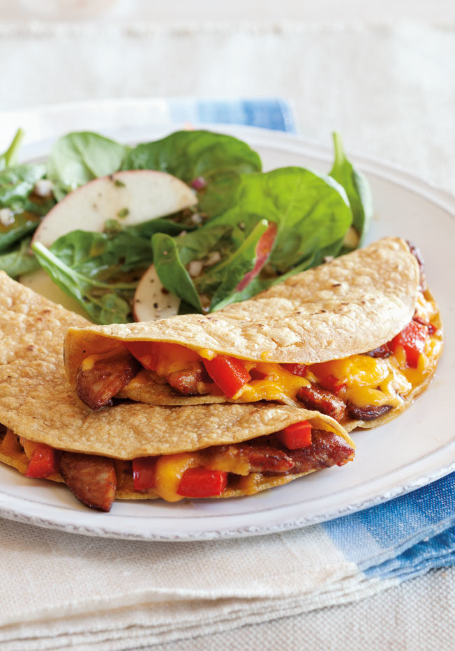 sausage-pepper quesadillas with spinach-apple salad