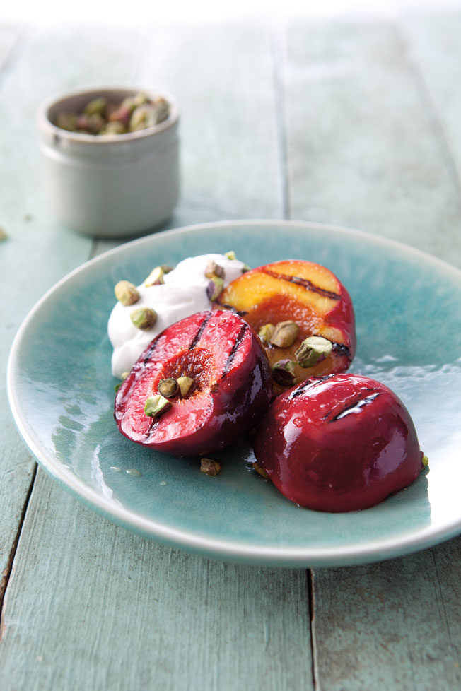 grilled plums with pistachios and yogurt