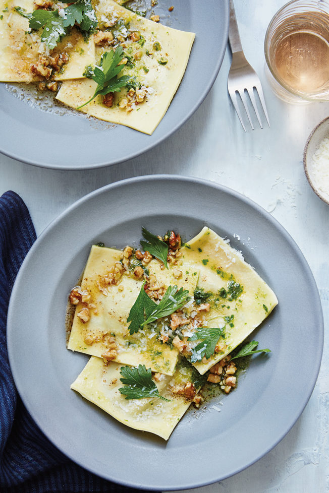 Ravioli with Bitter Greens and Toasted Walnut Butter