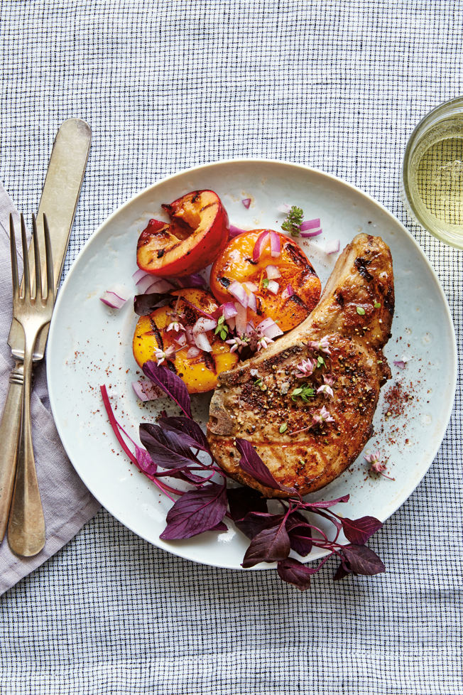 Brined Pork Chops with Grilled Stone Fruit